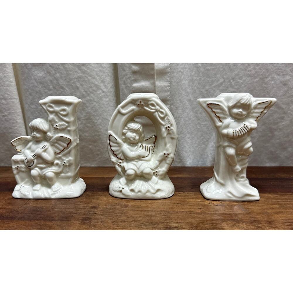 Crown Accents Vintage JOY Candle Holder Set Angel Cherub Design Gold Accents